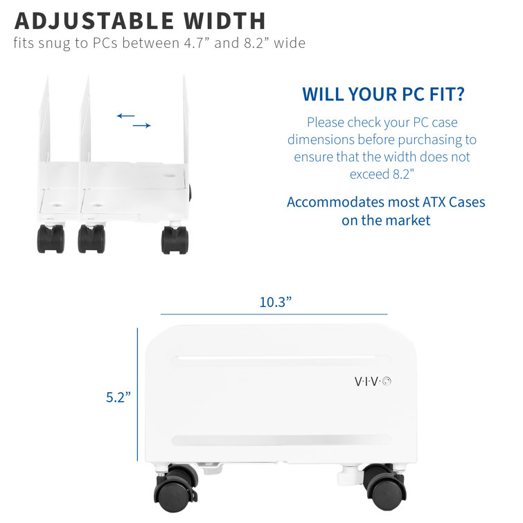 VIVO White Computer Desktop ATX Case, CPU Rolling Stand Adjustable Cart